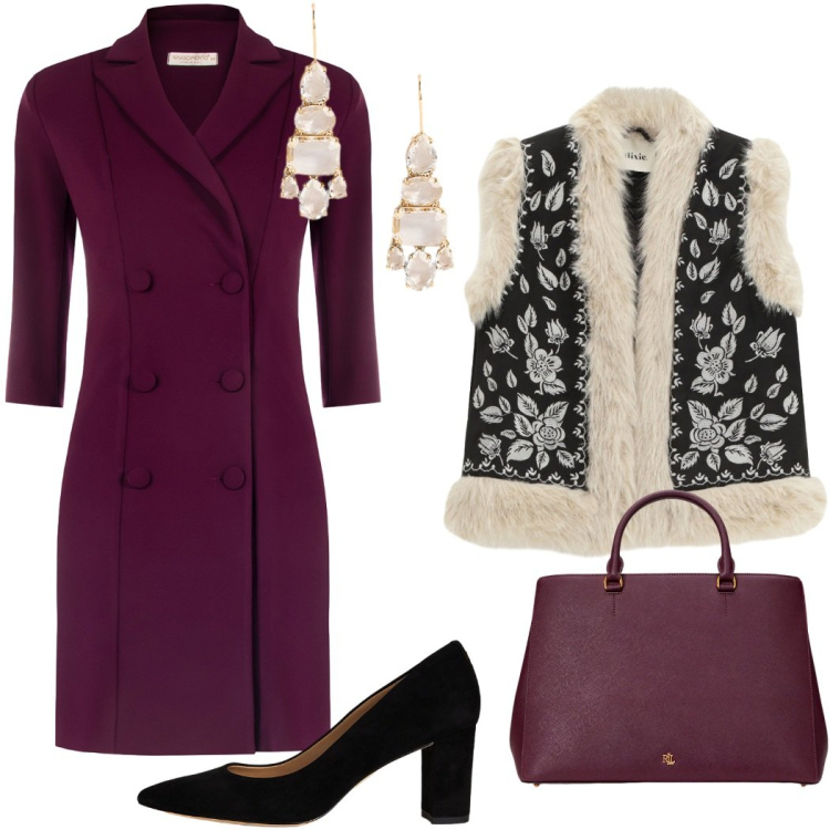 Outfit donna - Abbinamenti a contrasto. Stile Chic per Serata fuori. Abbinamento con vestiti midi/longuette, gilet, borse a mano, décolleté, orecchini.