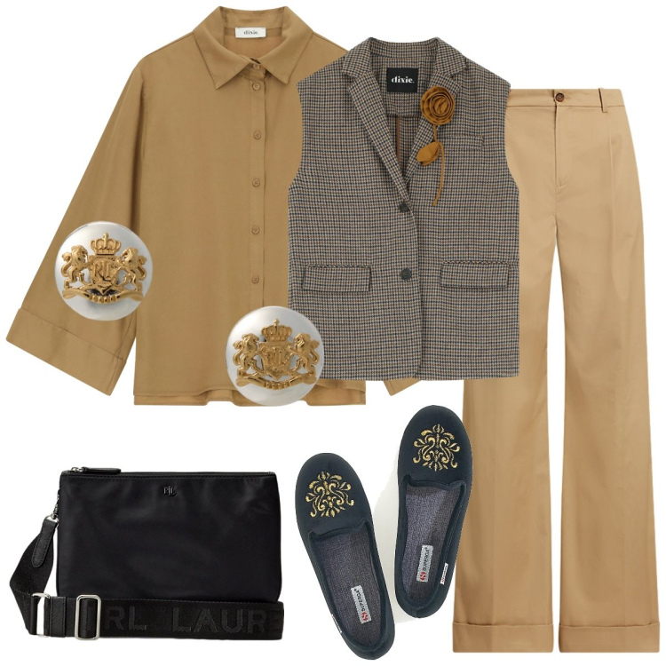 Outfit donna - Pomeriggio. Stile Basic per Serata fuori. Abbinamento con camicie, gilet, orecchini, borse a tracolla, pantaloni, pantofole.