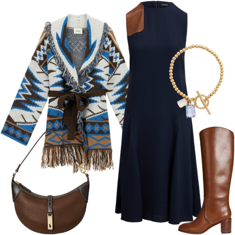 Outfit donna - Stile etnico. Stile Etnico per Tutti i giorni. Abbinamento con cardigans, stivali, braccialetti, borse a spalla, vestiti senza maniche.