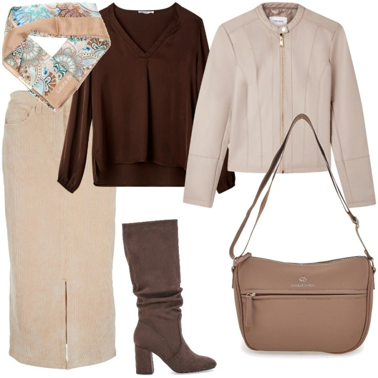 Outfit donna - La gonna in velluto. Stile Casual chic per Tutti i giorni. Abbinamento con gonne longuette, giacche, bluse, borse a tracolla, foulard, stivali sopra il ginocchio.