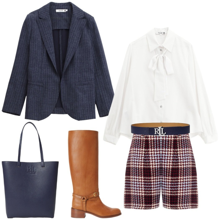 Outfit donna - Autunno in città. Stile Trendy per Tutti i giorni. Abbinamento con blazer, camicie, shorts, cinture, borse tote, stivali.