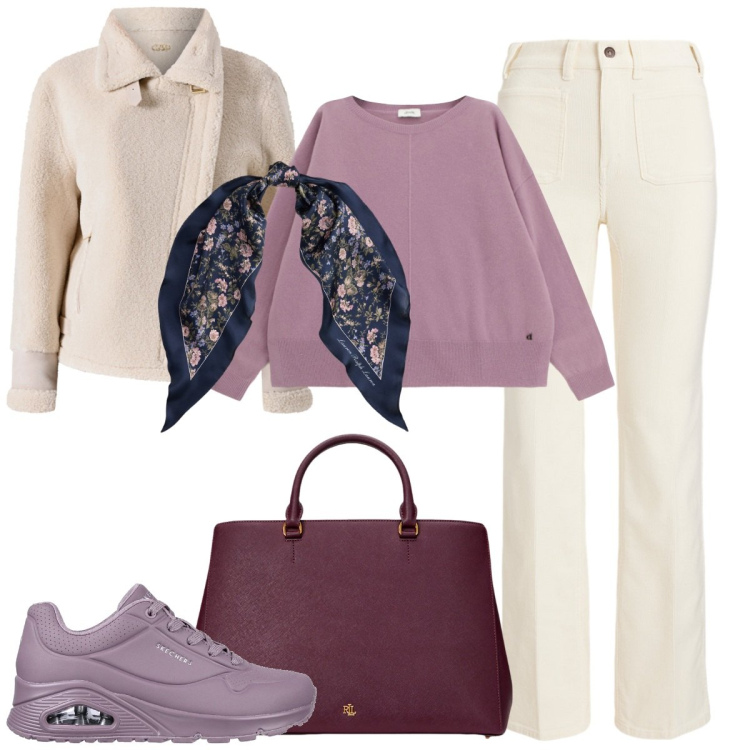 Outfit donna - Colazione al bar. Stile Basic per Tutti i giorni. Abbinamento con ecopellicce, maglieria, borse a mano, foulard, pantaloni, scarpe stringate.
