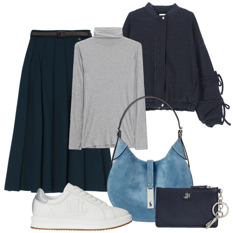 Outfit donna - Passeggiata in centro. Stile Basic per Serata fuori. Abbinamento con bomber, gonne longuette, t-shirt, borse a spalla, portafogli, sneakers.