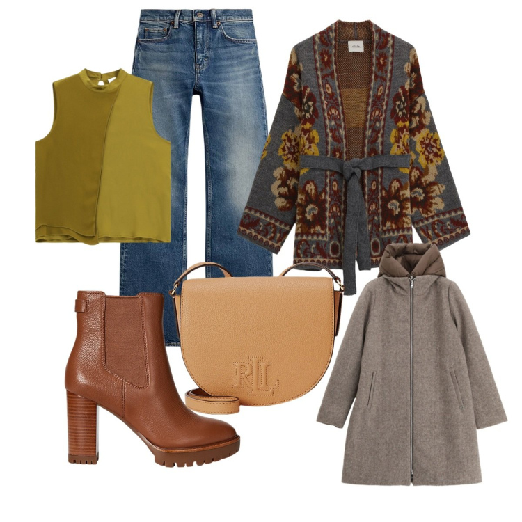 Outfit donna - In città. Stile Casual chic Abbinamento con piumini, cardigans, top, borse a tracolla, jeans bootcut, stivaletti chelsea.