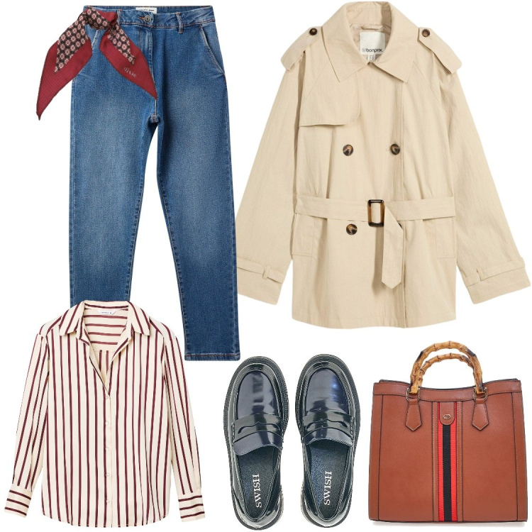 Outfit donna - Trench mania. Stile Casual chic per Tutti i giorni. Abbinamento con trench, camicie, jeans skinny, foulard, mocassini, borse a tracolla.