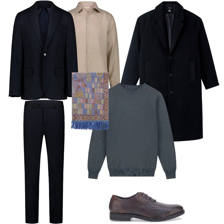 Outfit uomo - Total look #2260460. Stile Business/Elegante per Ufficio. Abbinamento con cappotti, sciarpe, abiti, scarpe stringate, camicie, maglieria.