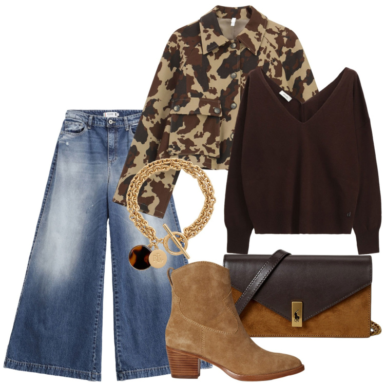 Outfit donna - Lo stile in autunno. Stile Trendy per Tutti i giorni. Abbinamento con jeans, cappotti, maglieria, clutch, braccialetti con ciondoli, stivaletti.