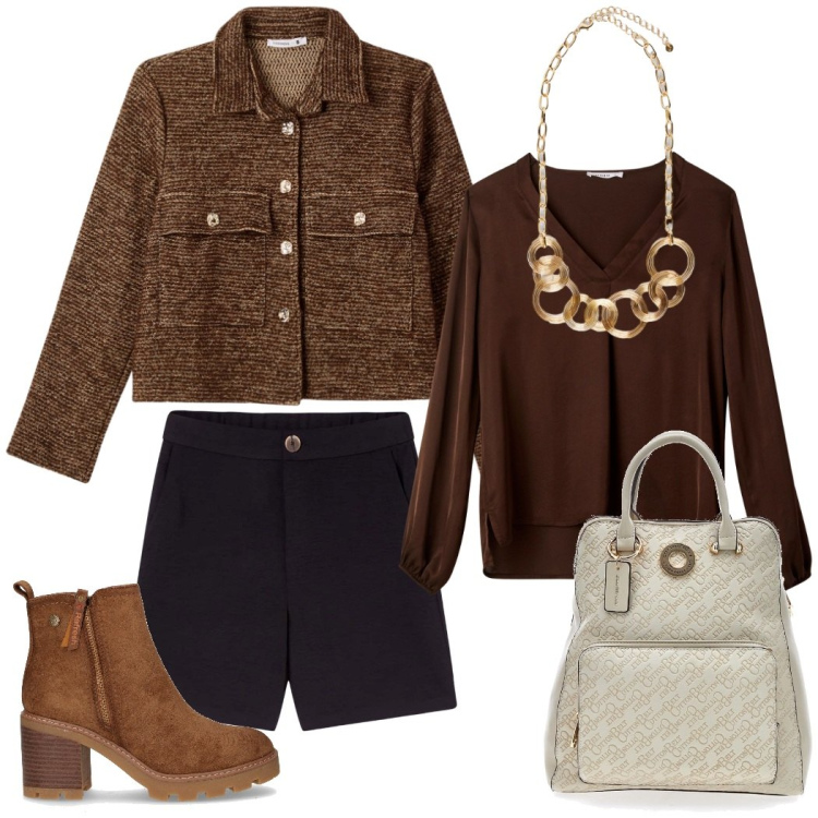Outfit donna - Autunno in città. Stile Trendy per Tutti i giorni. Abbinamento con bermuda, blazer, bluse, zaini, collane, stivaletti.
