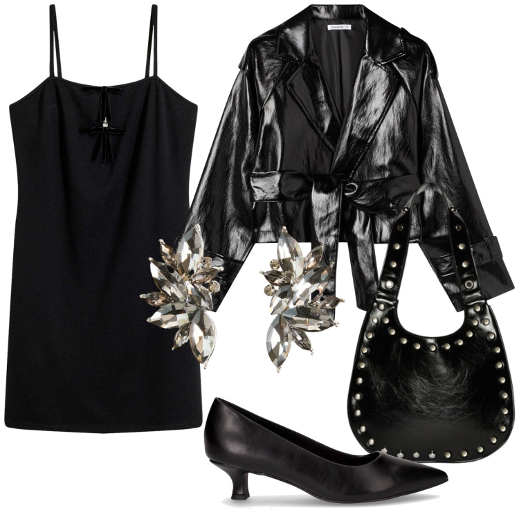 Outfit donna - Finalmente fuori a cena. Stile Glamour per Serata fuori. Abbinamento con vestiti corti, orecchini, giacche, décolleté, borse a spalla.
