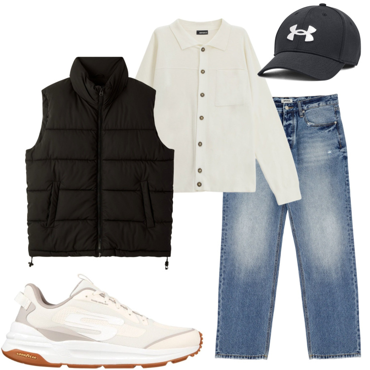 Outfit uomo - Ottobre soleggiato. Stile Urban per Tutti i giorni. Abbinamento con piumini, jeans, cardigans, cappelli, sneakers.