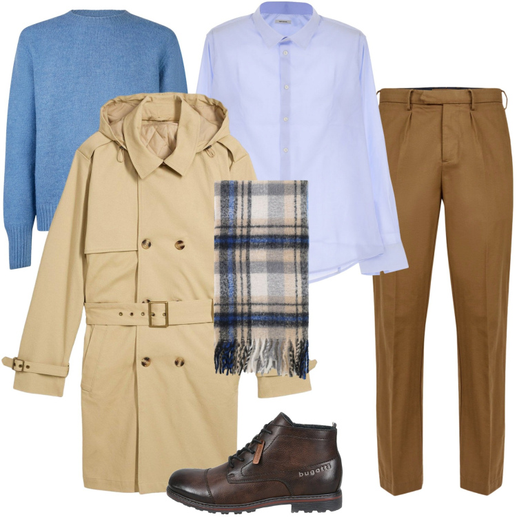 Outfit uomo - Trench idrorepellente. Stile Casual per Tutti i giorni. Abbinamento con trench, camicie, sciarpe, pantaloni, stivali e stivaletti, maglieria.
