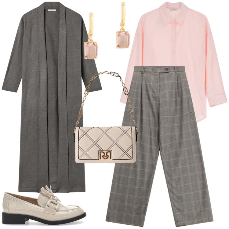 Outfit donna - Aperitivo dopo l\'ufficio. Stile Chic per Tutti i giorni. Abbinamento con cardigans, borse a tracolla, pantaloni a palazzo, camicie, orecchini, mocassini.