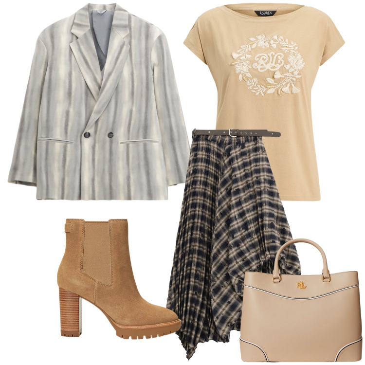 Outfit donna - Un mix da ufficio trendy. Stile Urban per Ufficio. Abbinamento con blazer, gonne lunghe, borse a mano, stivaletti chelsea, t-shirt.