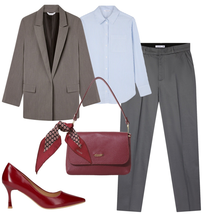 Outfit donna - In ufficio. Stile Chic per Ufficio. Abbinamento con pantaloni chino, blazer, camicie, borse a tracolla, foulard, décolleté.