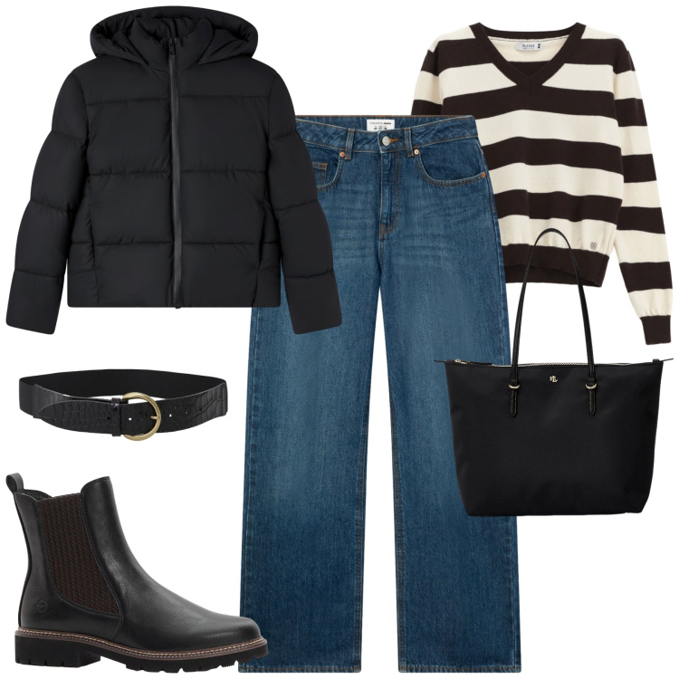 Outfit donna - Ottobre. Stile Casual per Tutti i giorni. Abbinamento con stivaletti chelsea, bomber, jeans, maglieria, cinture, borse tote.