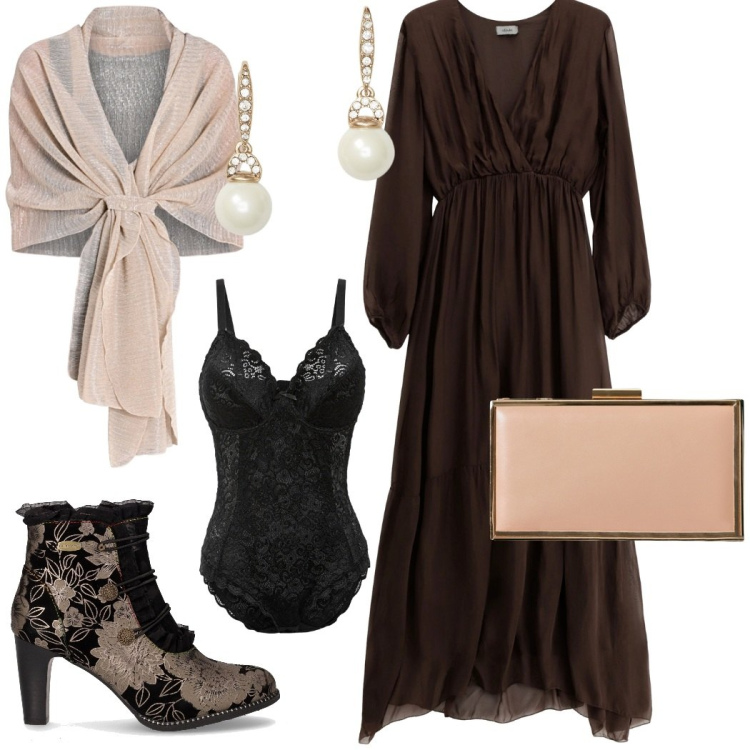 Outfit donna - Stile bohemien. Stile Boho per Serata fuori. Abbinamento con body, stole, pochette, vestiti lunghi, orecchini, stivaletti.