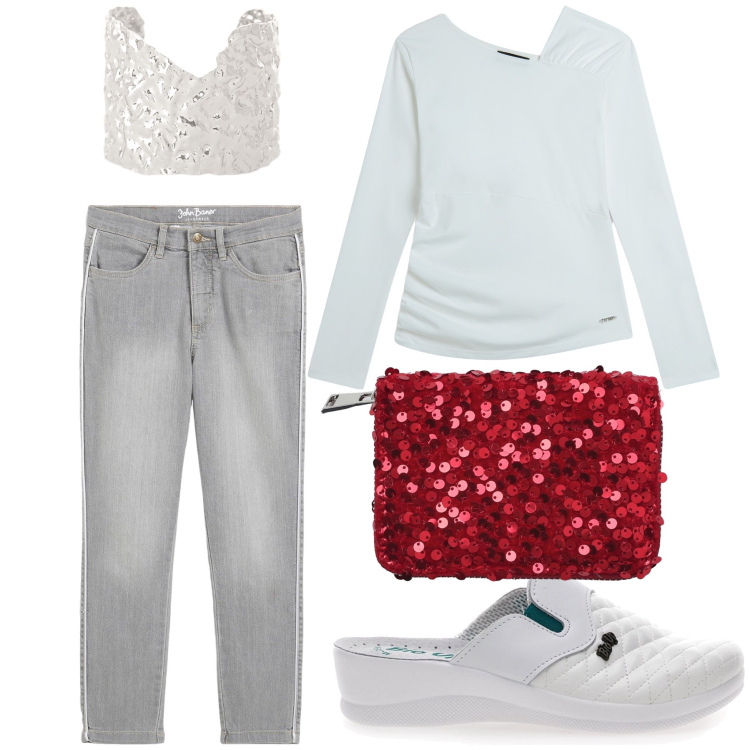 Outfit donna - Paillettes at home. Stile Trendy per Tutti i giorni. Abbinamento con jeans skinny, portafogli, maglieria, braccialetti, ciabatte.