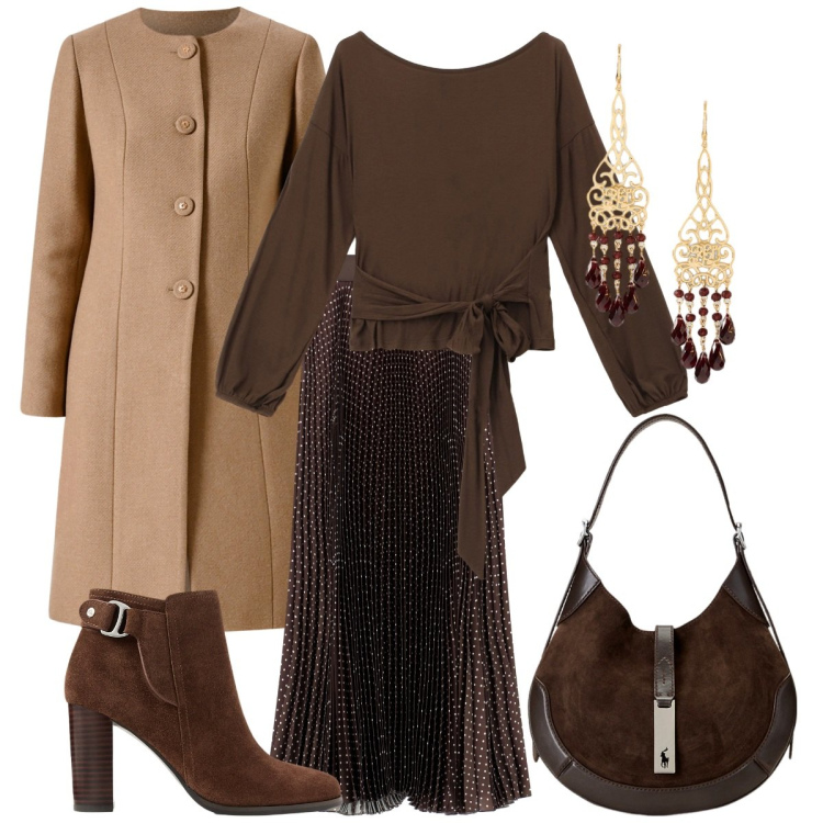 Outfit donna - Serata speciale. Stile Basic per Serata fuori. Abbinamento con cappotti, gonne lunghe, top, borse a spalla, stivaletti, orecchini.