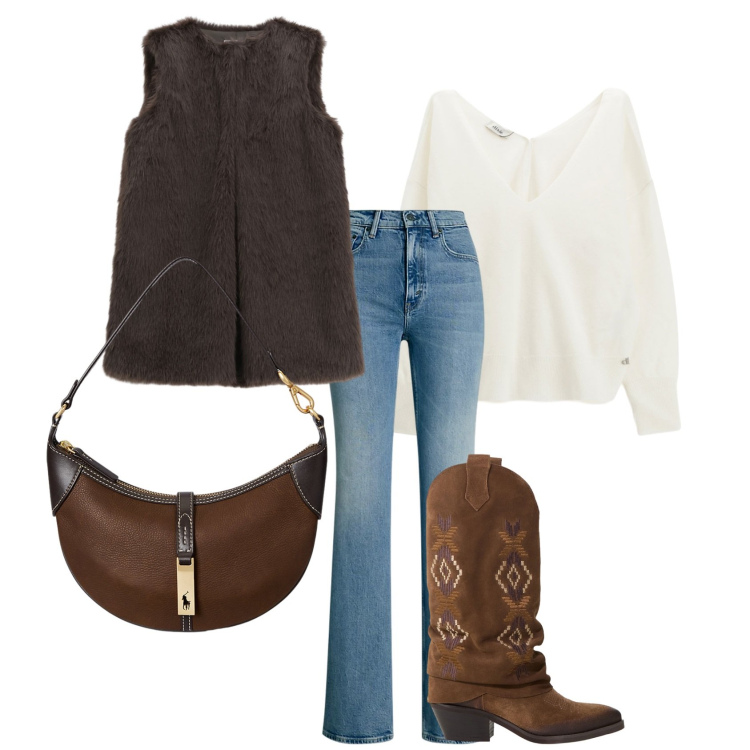Outfit donna - C\'era una volta il West...... Stile Etnico per Tutti i giorni. Abbinamento con gilet, stivali, maglieria, jeans bootcut, borse a spalla.