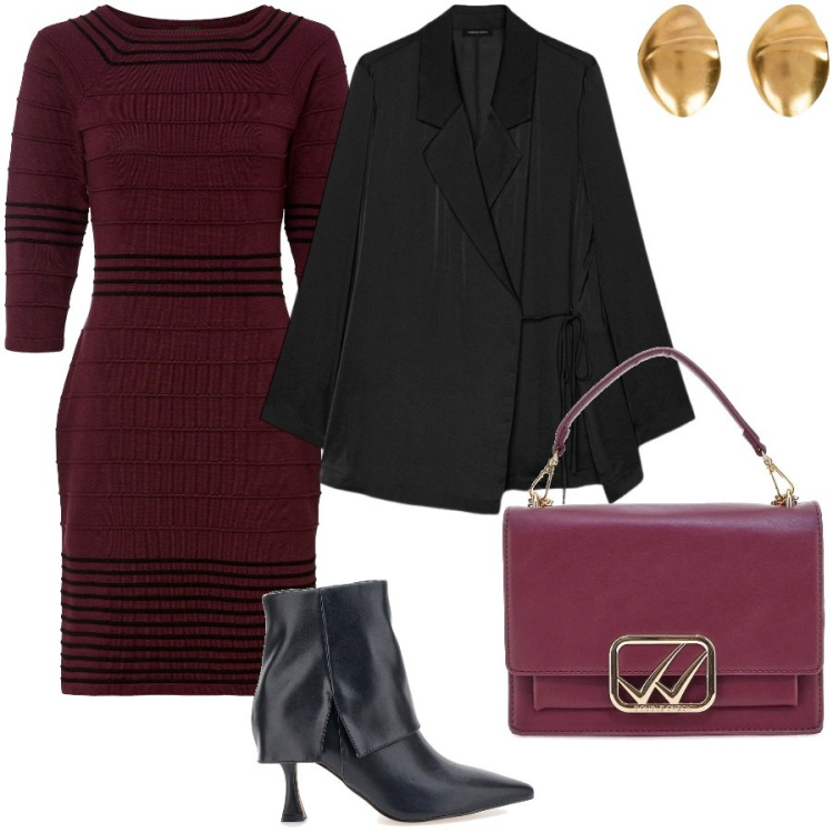 Outfit donna - Tubino a righe. Stile Chic per Serata fuori. Abbinamento con vestiti corti, borse a tracolla, orecchini, stivaletti, blazer.