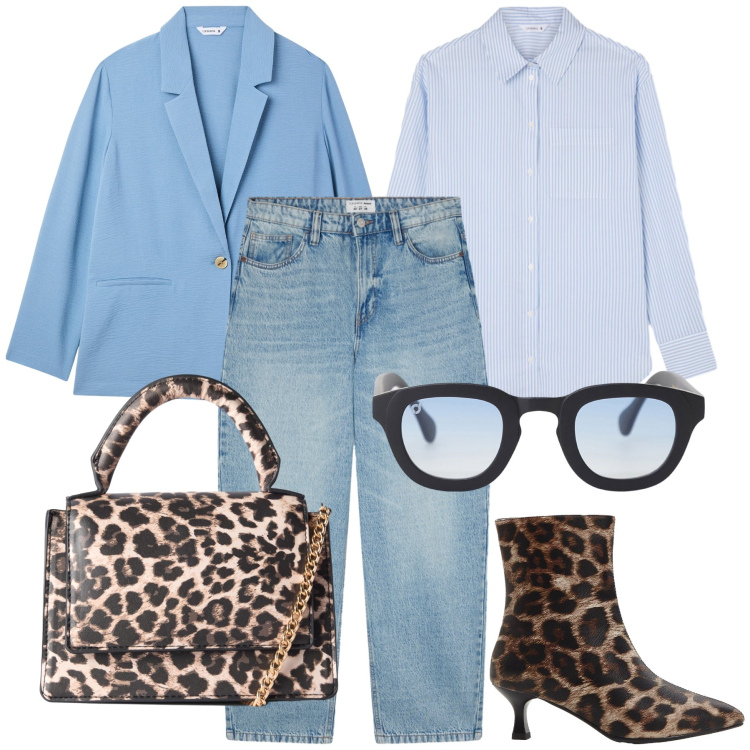 Outfit donna - Total look. Stile Glamour per Tutti i giorni. Abbinamento con stivaletti, blazer, borse a tracolla, jeans, camicie, occhiali da sole.