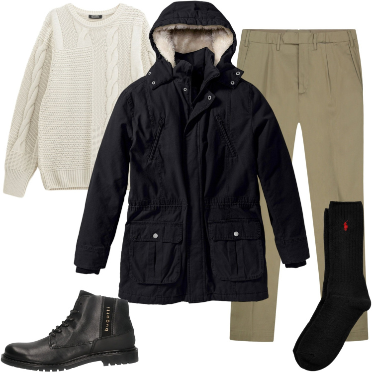 Outfit uomo - Con il Parka la Mattina. Stile Urban per Ufficio. Abbinamento con parka, maglieria, calzini, pantaloni, stivali e stivaletti.