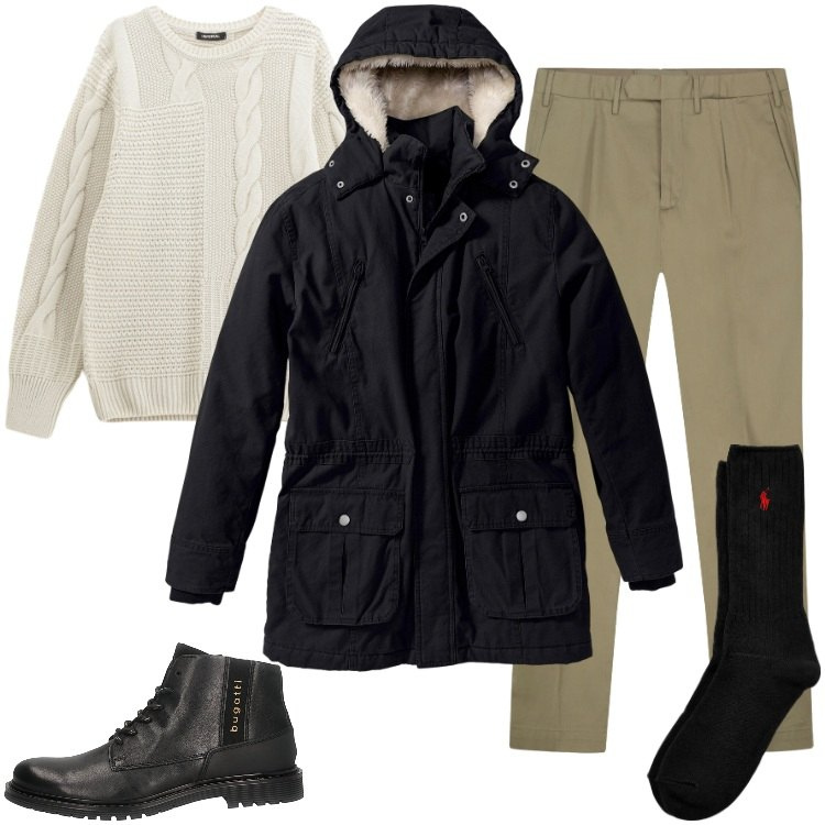 Outfit uomo - Total look #2260494. Stile Urban per Ufficio. Abbinamento con parka, maglieria, calzini, pantaloni, stivali e stivaletti.
