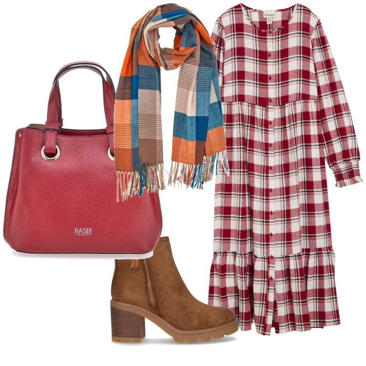 Outfit donna - Quadretti. Stile Casual per Tutti i giorni. Abbinamento con vestiti midi/longuette, sciarpe, stivaletti, borse a mano.
