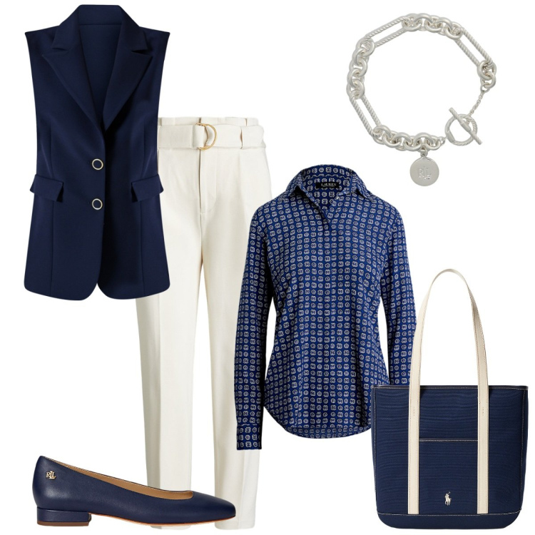 Outfit donna - Bianco e blu. Stile Basic per Tutti i giorni. Abbinamento con gilet, braccialetti, ballerine, camicie, borse tote, pantaloni.