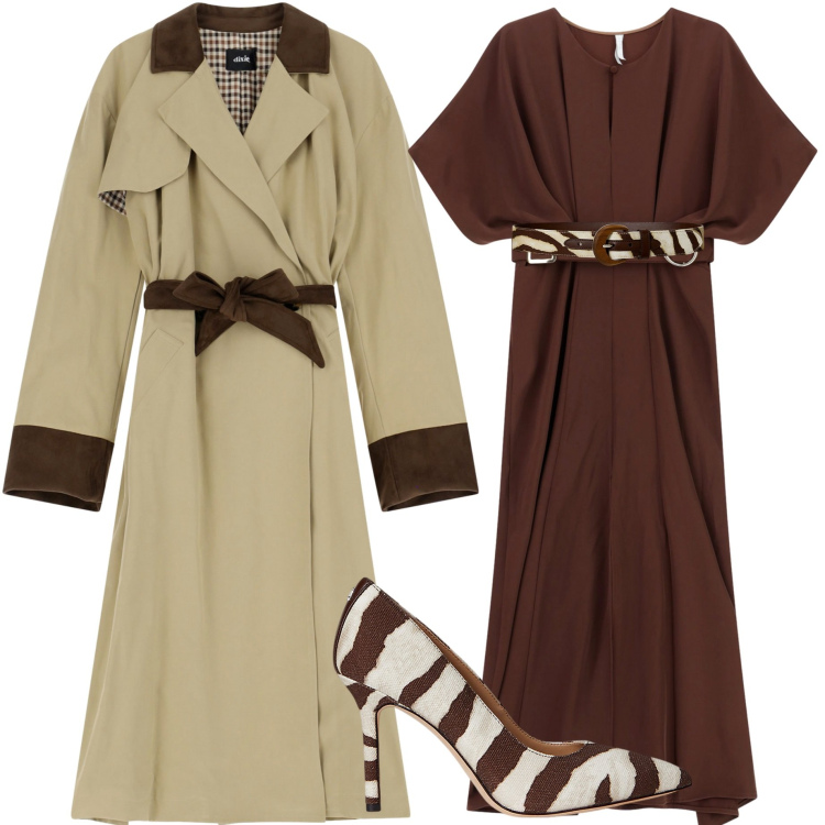 Outfit donna - Trench season. Stile Chic per Serata fuori. Abbinamento con vestiti lunghi, trench, décolleté, cinture.