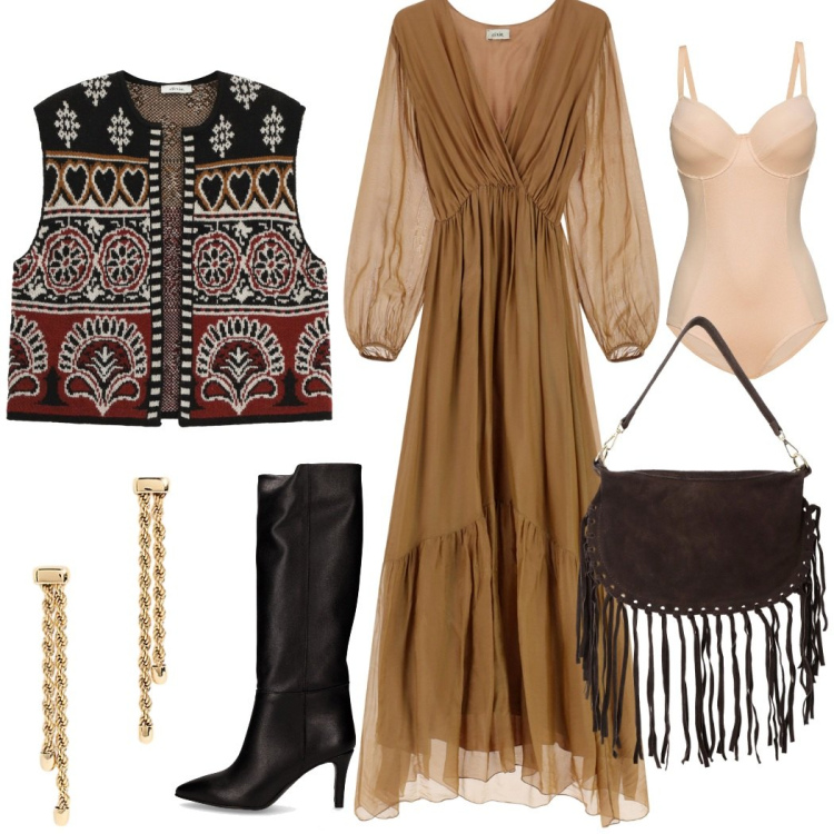 Outfit donna - Autumn country chic. Stile Boho per Serata fuori. Abbinamento con body, vestiti lunghi, borse a tracolla, gilet, orecchini, stivali.