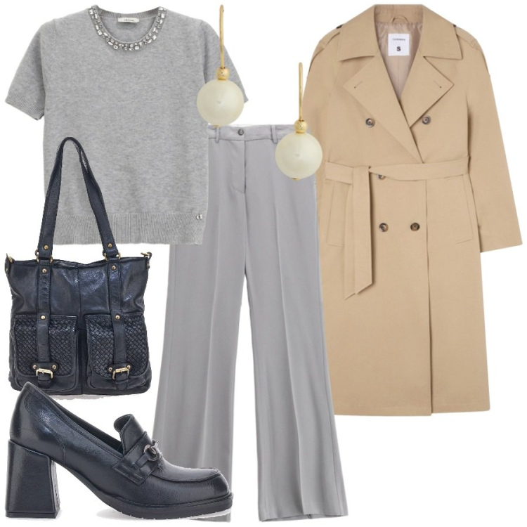 Outfit donna - Trench Season. Stile Chic per Ufficio. Abbinamento con trench, pantaloni, maglieria, orecchini, mocassini, borse a spalla.