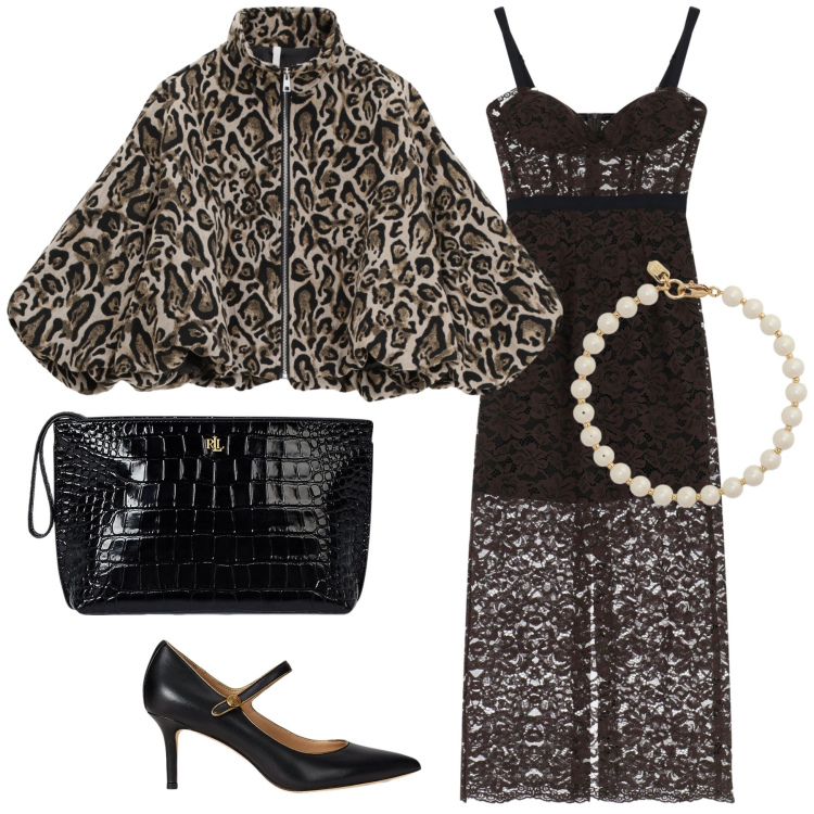 Outfit donna - Pizzo perle e animalier. Stile Chic per Serata fuori. Abbinamento con vestiti midi/longuette, bomber, pochette, braccialetti, décolleté.