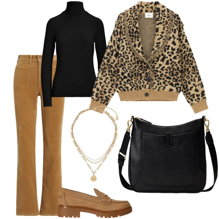 Outfit donna - Il cardigan animalier. Stile Casual chic per Scuola/Università. Abbinamento con cardigans, ciondoli, top, borse a tracolla, mocassini, pantaloni.