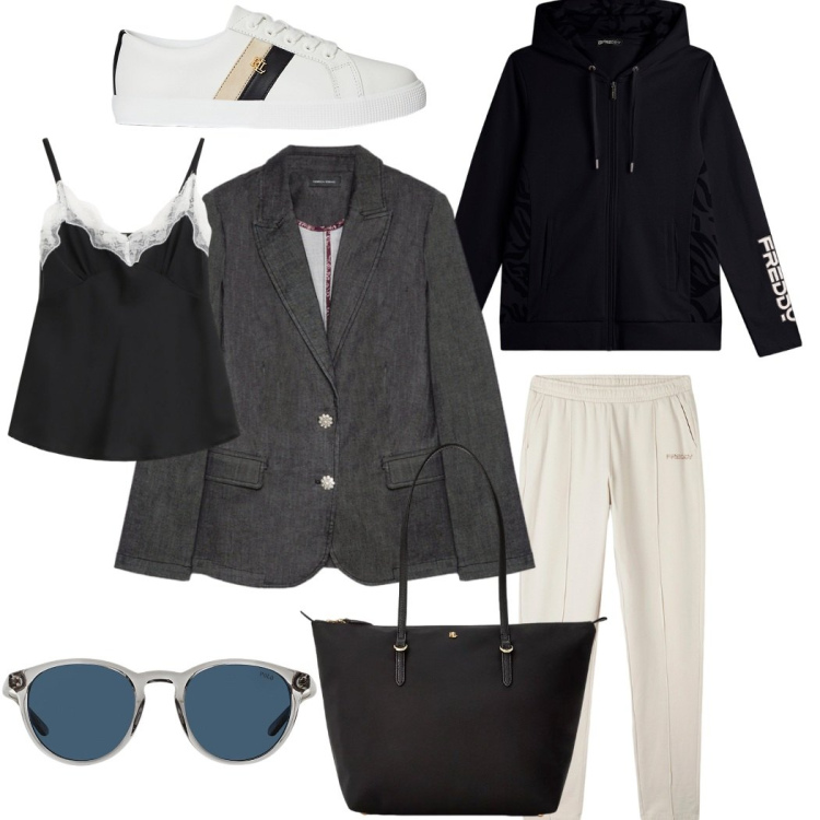 Outfit donna - Outside. Stile Sporty chic per Tutti i giorni. Abbinamento con tute, top, sneakers, occhiali da sole, borse tote, blazer.