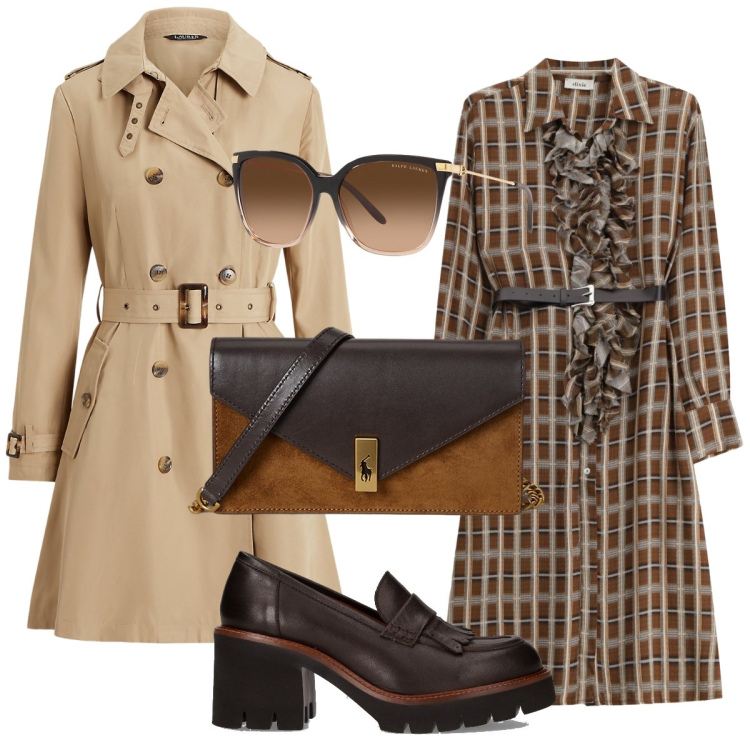Outfit donna - Il trench must have. Stile Bon Ton per Tutti i giorni. Abbinamento con vestiti midi/longuette, trench, occhiali da sole, clutch, décolleté.