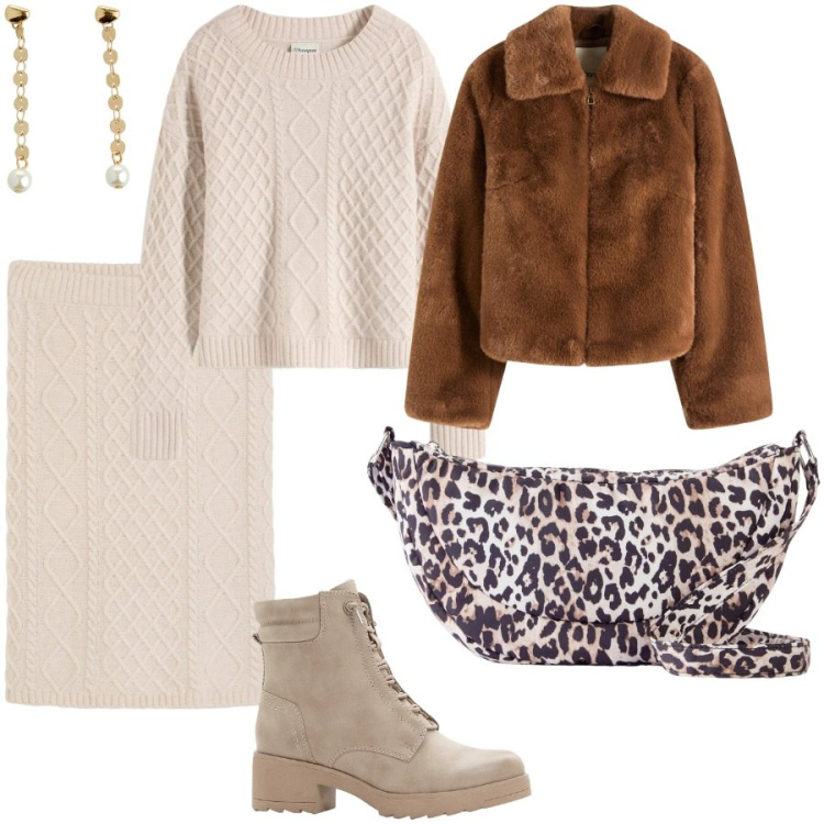 Outfit donna - Il completo coortinato. Stile Casual chic per Tutti i giorni. Abbinamento con borse a tracolla, ecopellicce, maglieria, gonne, stivaletti, orecchini.