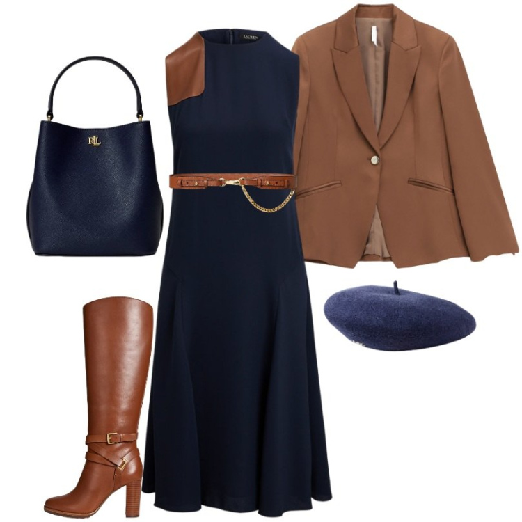 Outfit donna - Consigli per abbinare il blu navy. Stile Chic per Ufficio. Abbinamento con blazer, vestiti senza maniche, borse a secchiello, stivali, berretti, cinture.