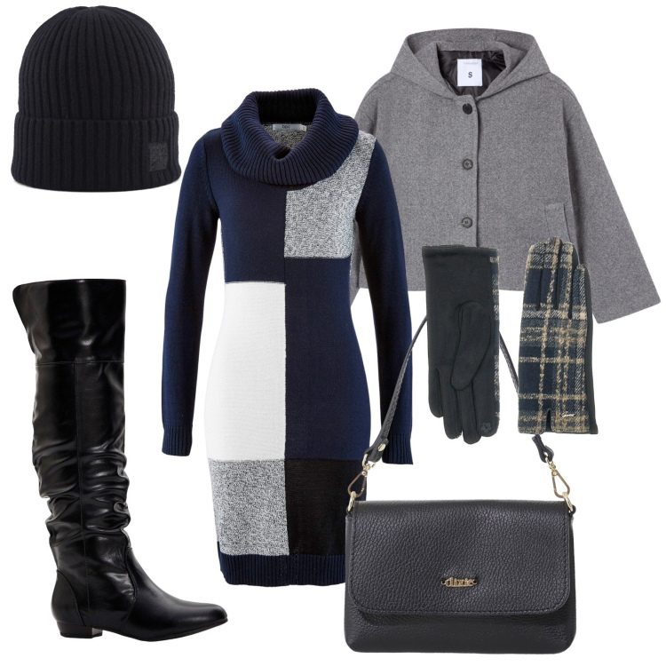 Outfit donna - Primo freddo. Stile Casual chic per Tutti i giorni. Abbinamento con vestiti midi/longuette, stivali sopra il ginocchio, caban, borse a tracolla, guanti, berretti.