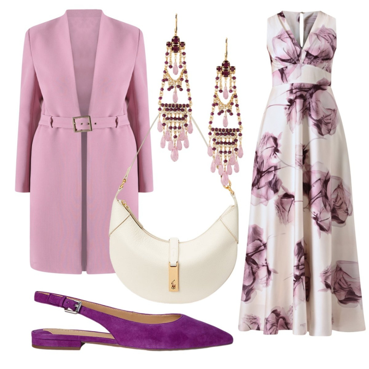 Outfit donna - Il trench rosa per la cerimonia. Stile Chic per Cerimonia. Abbinamento con vestiti lunghi, trench, ballerine, borse a spalla, orecchini.