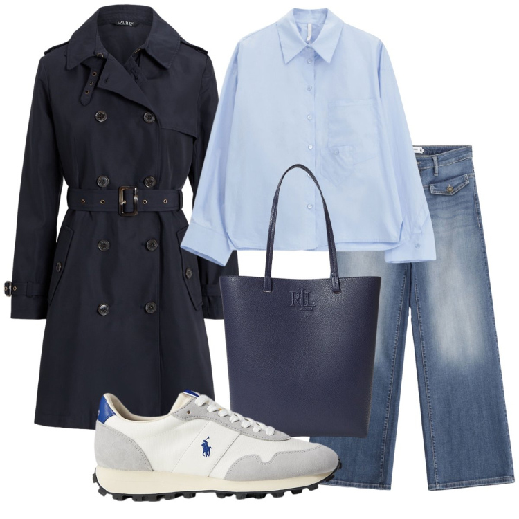 Outfit donna - Il trench indispensabile. Stile Casual chic per Ufficio. Abbinamento con jeans, camicie, sneakers, borse tote, trench.