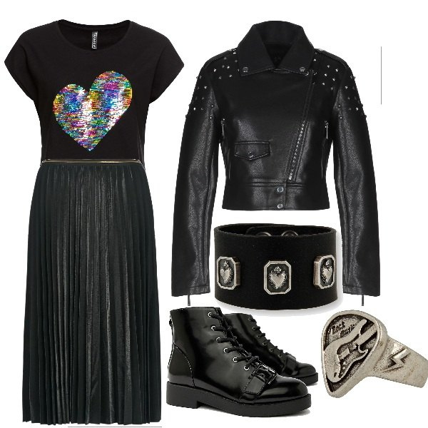 Outfit donna - Love rock. Stile Rock per Tutti i giorni. Abbinamento con t-shirt con paillettes e scollo a maniche corte nero, giubbotto collo classico a maniche lunghe con zip interno foderato in pelle sintetica tinta unita, gonna nero, scarponcini, anello 100% nichel fatto a mano, bracciale in pelle fatto a mano.