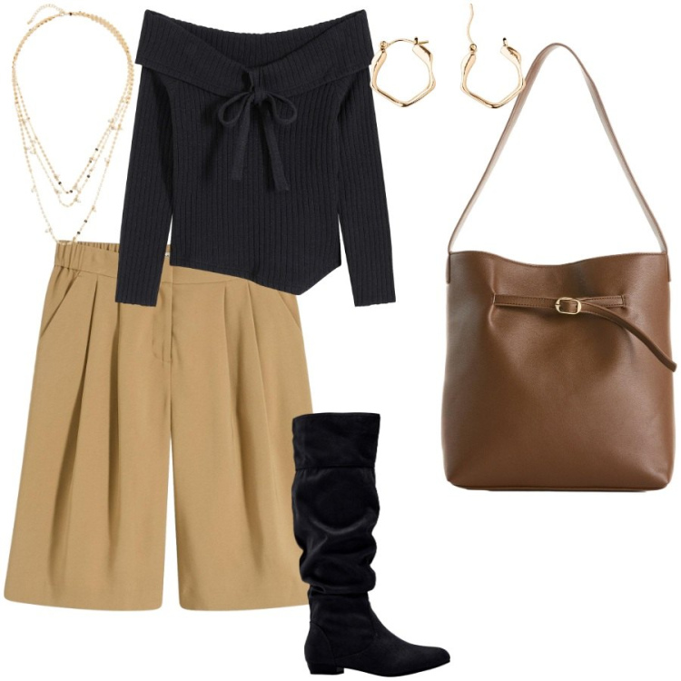 Outfit donna - Bermuda. Stile Casual chic per Ufficio. Abbinamento con bermuda, maglieria, stivali, orecchini, collane, borse a mano.