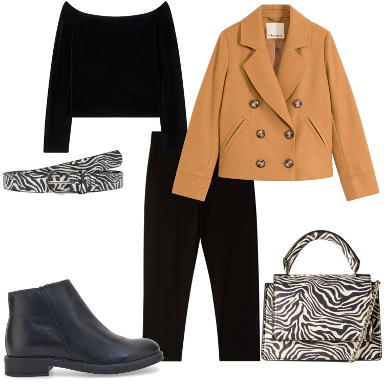 Outfit donna - Accessori coordinati. Stile Urban per Tutti i giorni. Abbinamento con caban, bluse, pantaloni capri, borse a tracolla, cinture, stivaletti.