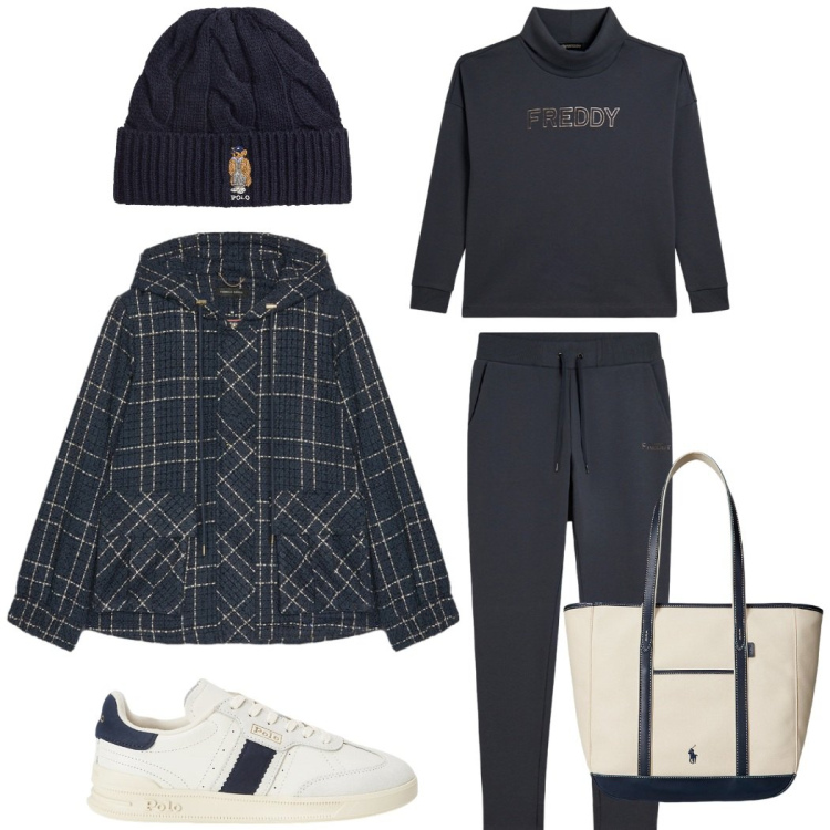Outfit donna - Outside. Stile Sporty chic per Tutti i giorni. Abbinamento con tute, sneakers, borse tote, berretti, blazer.