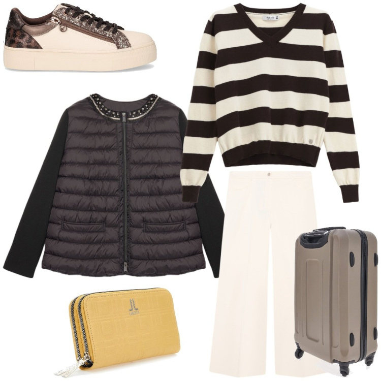 Outfit donna - In viaggio. Stile Casual chic per Tutti i giorni. Abbinamento con maglieria, piumini, portafogli, sneakers, pantaloni a palazzo, valigie.