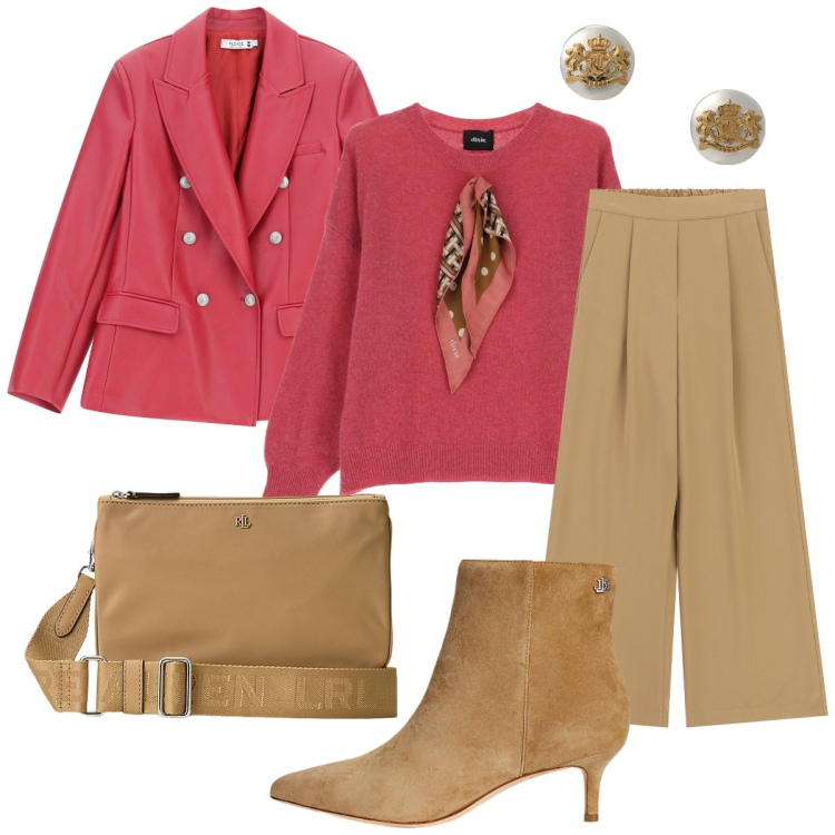 Outfit donna - Aperitivo. Stile Bon Ton per Serata fuori. Abbinamento con giacche, maglieria, pantaloni a palazzo, stivaletti, orecchini, borse a tracolla.