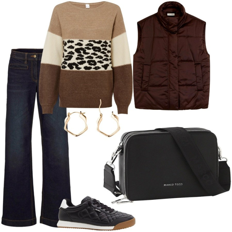 Outfit donna - Il maglione tre colori. Stile Casual per Scuola/Università. Abbinamento con maglieria, jeans, sneakers, orecchini, borse a tracolla, piumini.