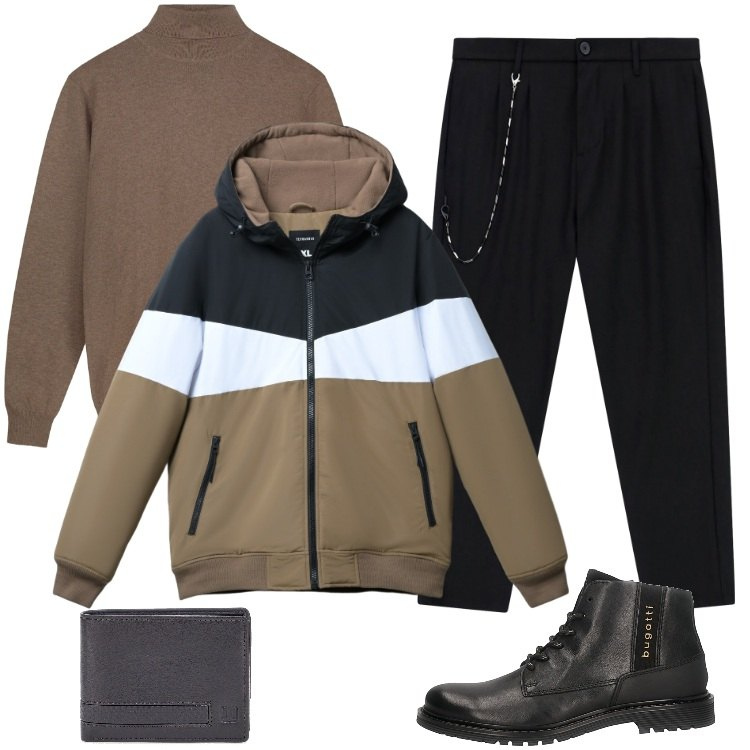 Outfit uomo - Giubbino di stagione. Stile Urban per Ufficio. Abbinamento con piumini, pantaloni, portafogli, maglieria, stivali e stivaletti.