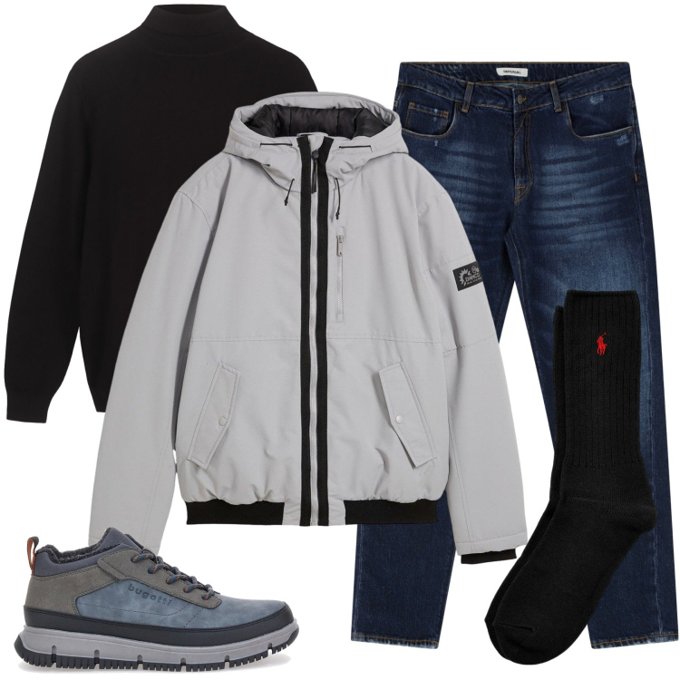 Outfit uomo - Con il jeans a taglio dritto. Stile Urban per Tutti i giorni. Abbinamento con piumini, jeans dritti, calzini, stivali e stivaletti, maglieria.